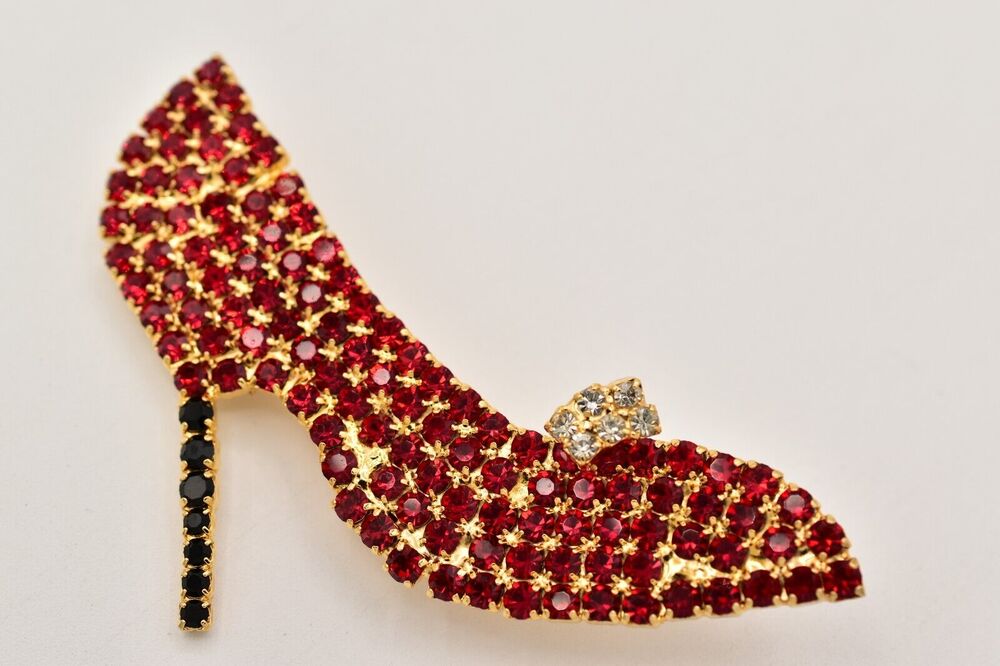 Vintage Prong Crystal High Heel Brooch Pin Red Rhinestone Gold Heavy 1960s BinBG